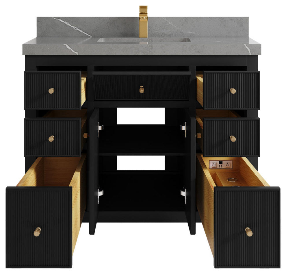 Sonoma 42 Single Sink Reeded Bath Vanity in Black 2" Piatra Gray