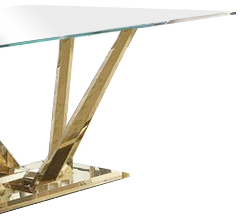 Benzara BM261901 Dining Table and Glass Top and Steel Pedestal Base, Gold