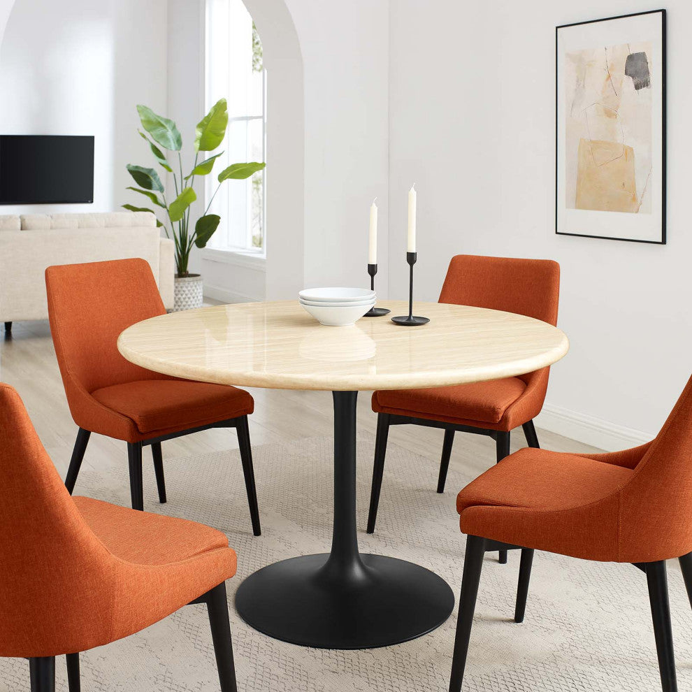 Lippa 48" Round Artificial Travertine Dining Table, Black Travertine