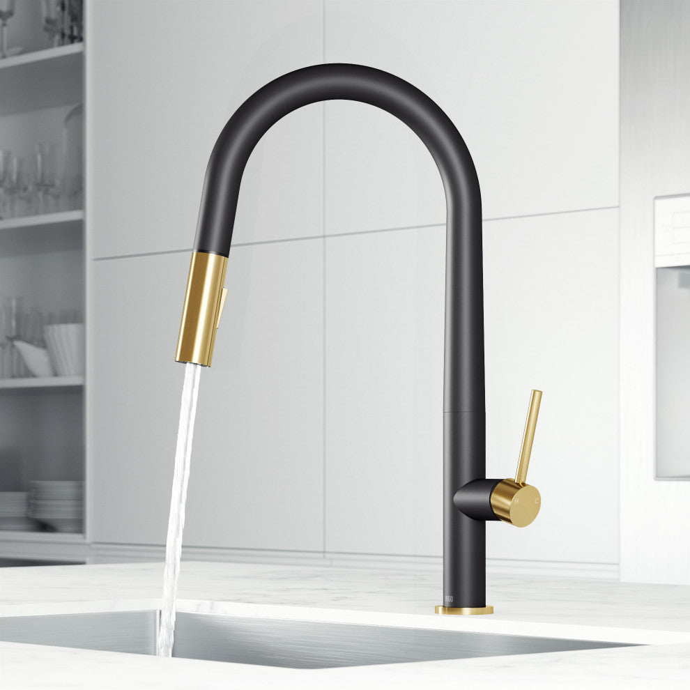 VIGO Greenwich 18" H Single Handle Pull-Down Sprayer Kitchen Faucet, Matte Black/Matte Brushed Gold, No Sensor, Without Extras