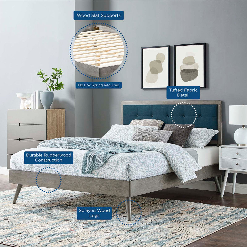 Platform Bed Frame, Queen Size, Fabric, Wood, Gray Navy Blue, Modern