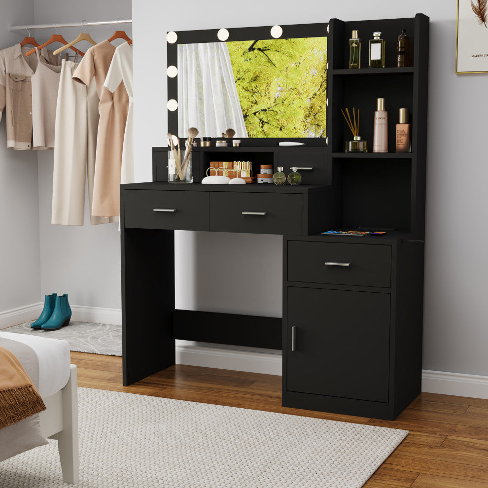 TATEUS Modern Makeup Vanity with 10 Light Modes and Ample Storage, Black White