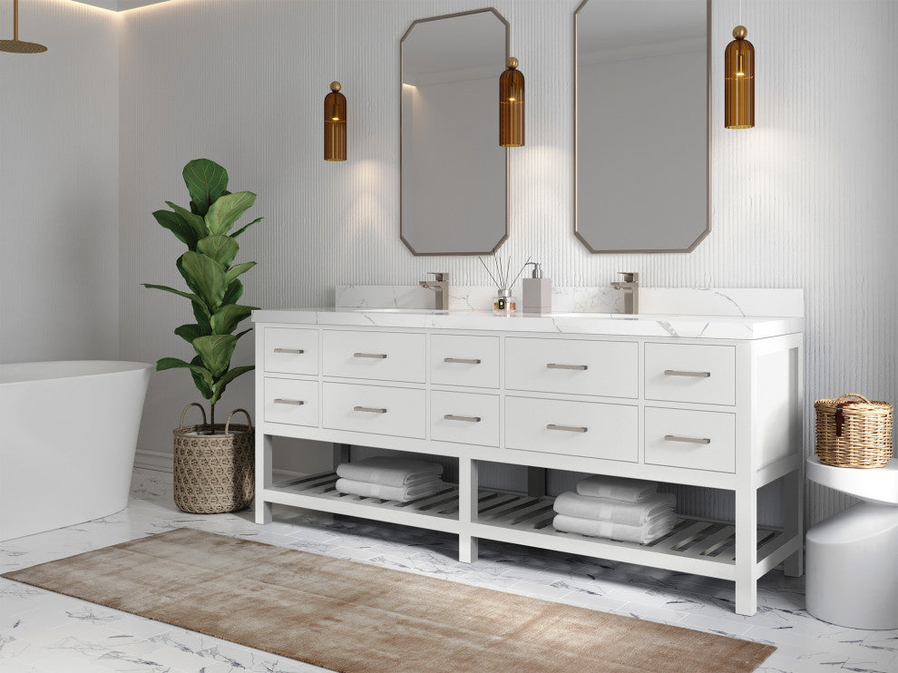 Parker 84 Double Sink Bath Vanity in White 2" Carrara Quartz