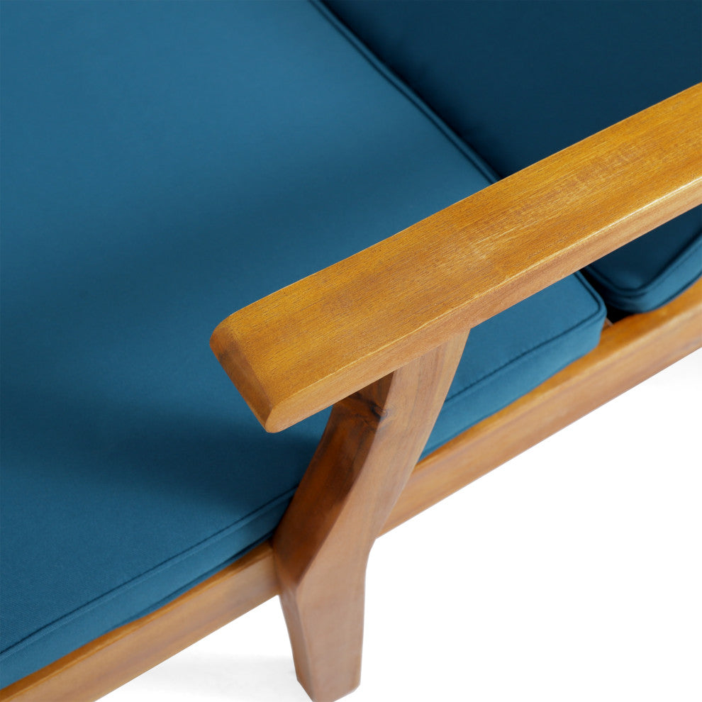 GDF Studio Samantha Outdoor Acacia Wood Double Chaise Lounge, Teak Finish/Blue