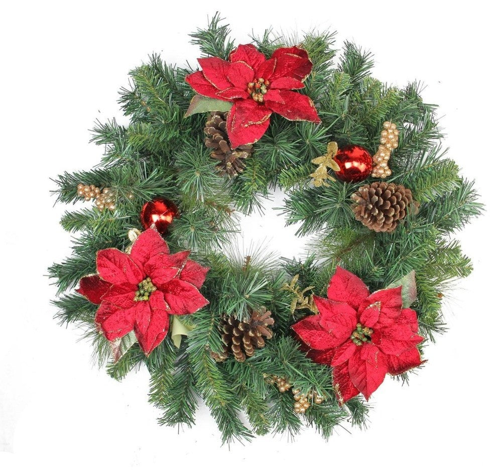 24" Pine Poinsettia Berry and Pine Cone Artificial Christmas Wreath, Unlit