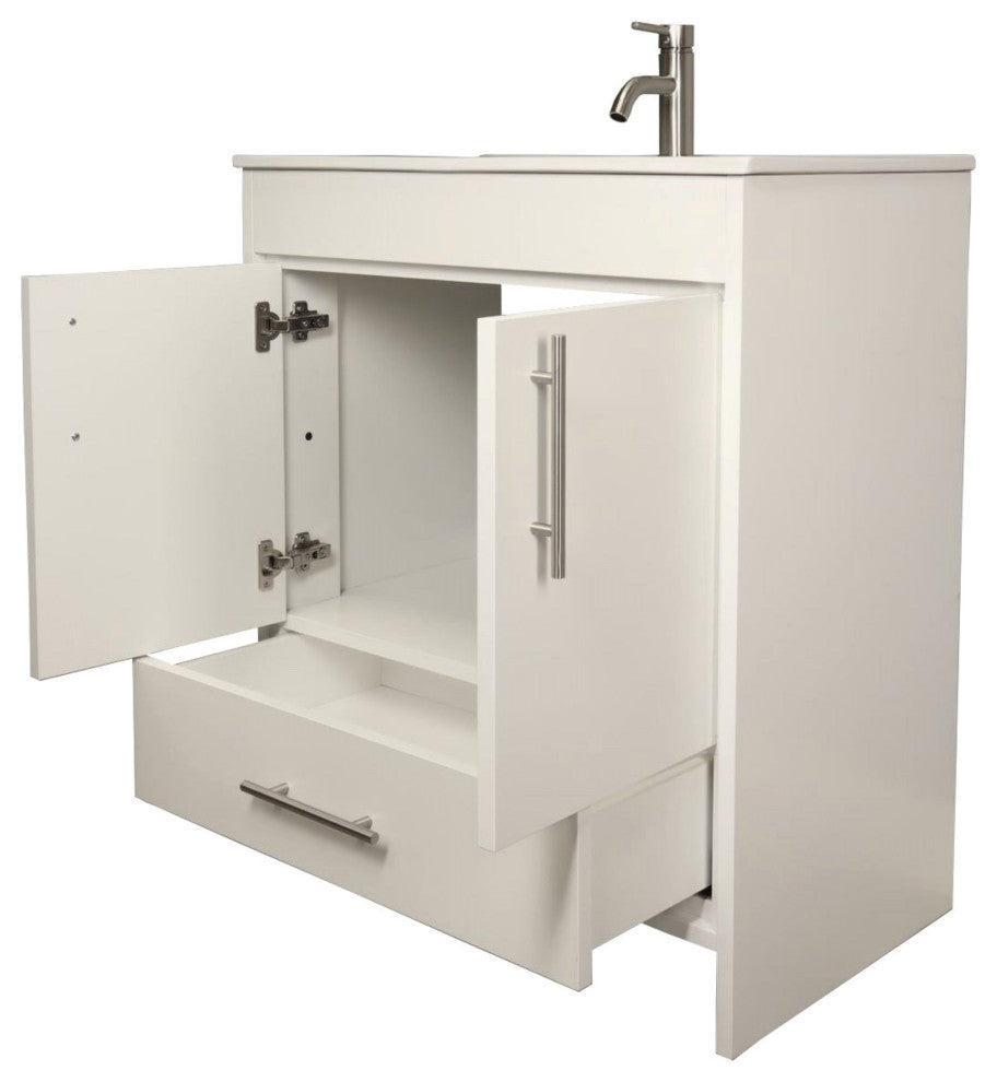 Pacific 30" Vanity With Integrated Ceramic Top and Brushed Nickel Handles, White