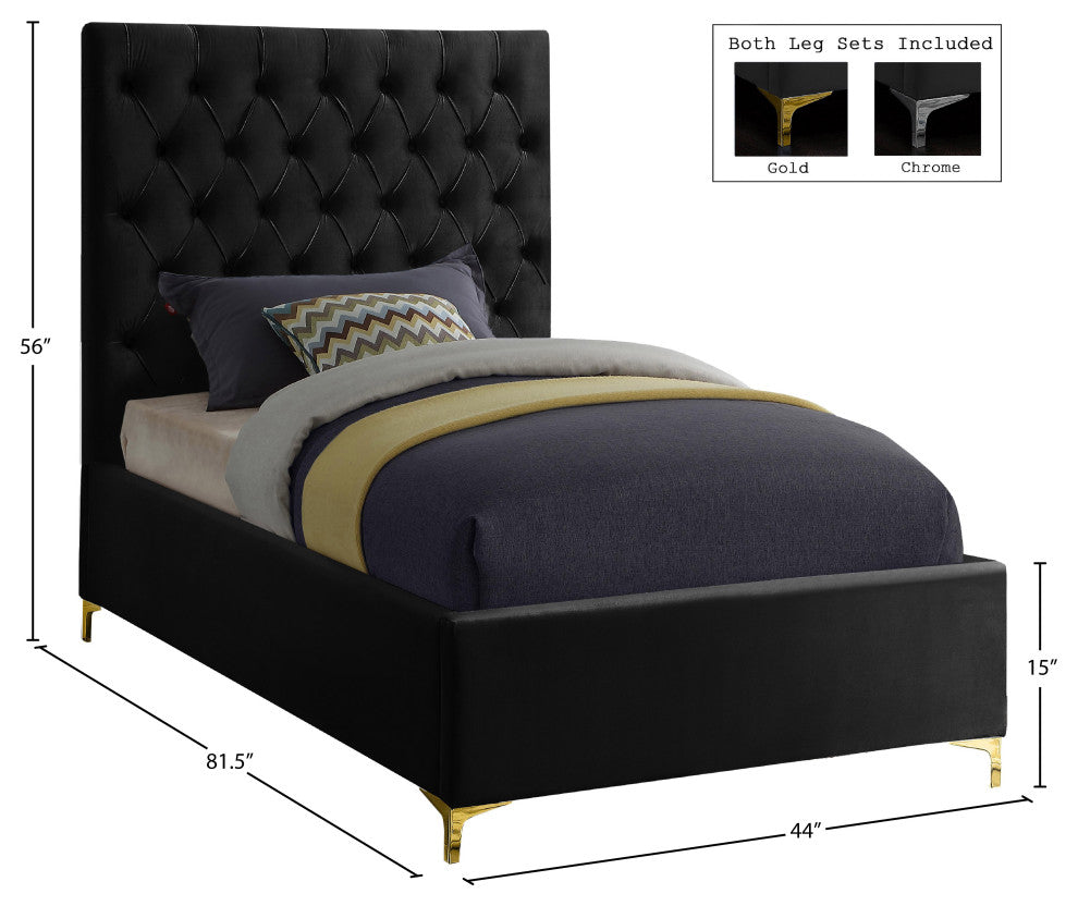 Cruz Velvet Upholstered Bed, Black, Twin