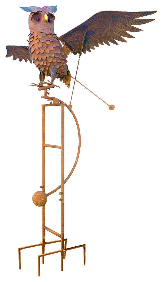 Metal Flying Big Owl Rustic Rocker Garden Stake Outdoor Yard Sculpture
