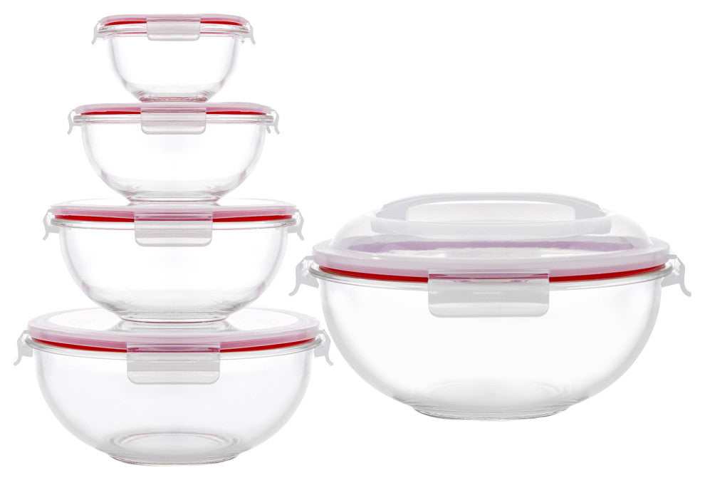 JoyFul Glass Mixing Bowl Set with Airtight Lids - Black, Clear/Red