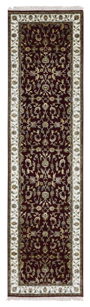 Burgundy Red, Wool and Silk, Hand Knotted, Rajasthan, Runner, Rug, 2'7" x 10'0"