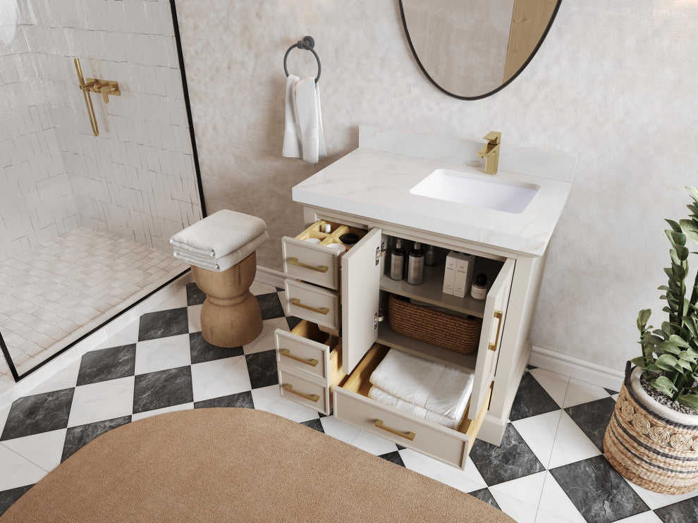Charlotte 36" Right Offset Bath Vanity in Fine Grain 2" Pearl Gray Quartz