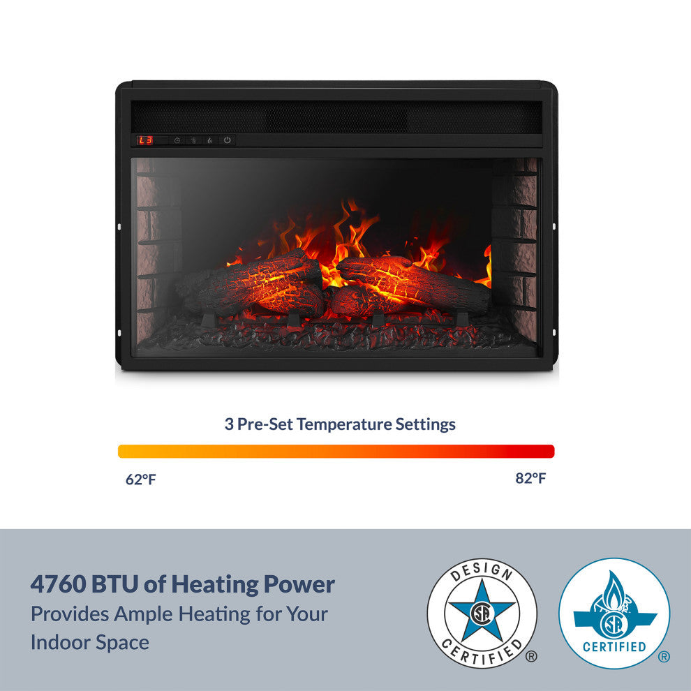 26" Electric Insert Fireplace Heater Timer Flame with Remote, Black