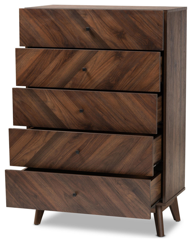 Hugo Mid-Century 5-Drawer Chest, Walnut Brown