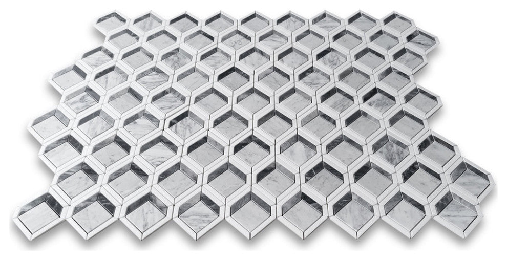 Carrara White Marble Illusion 3D Square Geometry Mosaic Tile White, 1 sheet