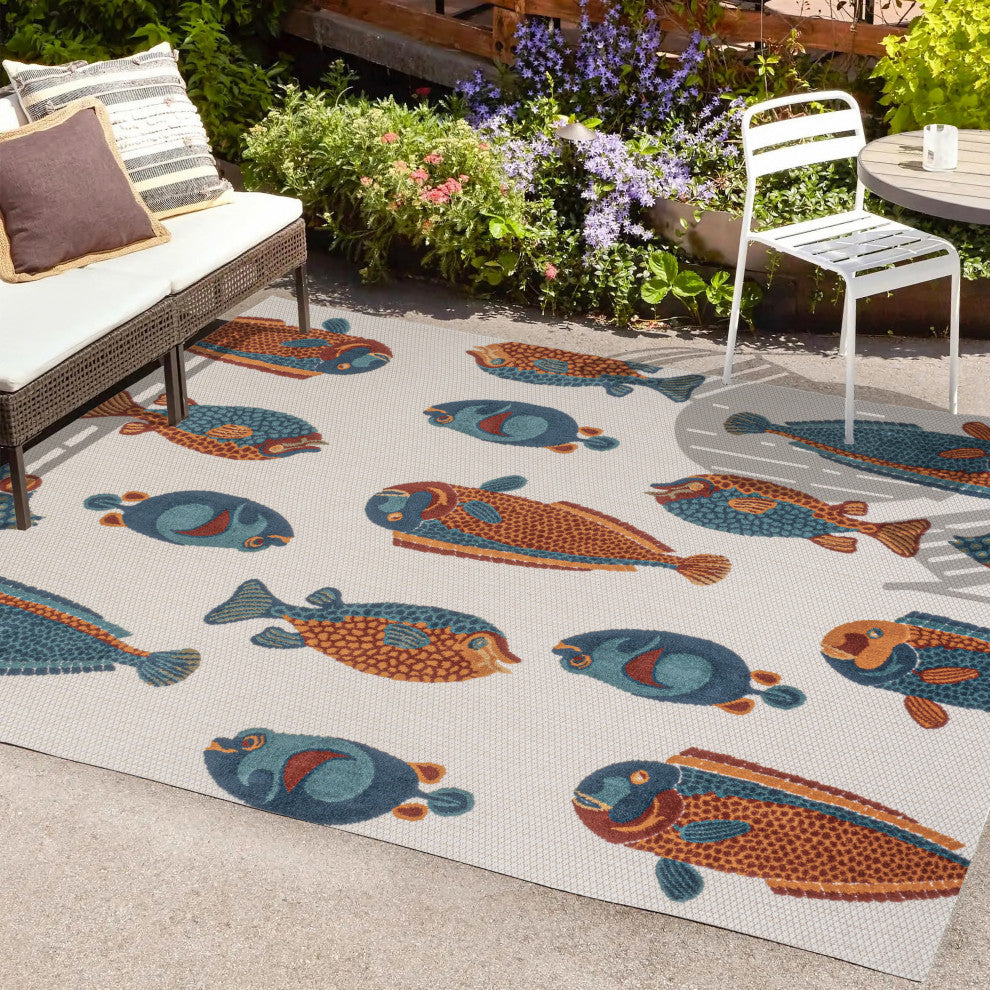 Algarve Modern Fish High-Low Indoor/Outdoor Area Rug, Navy/Orange/Cream, 5 X 8