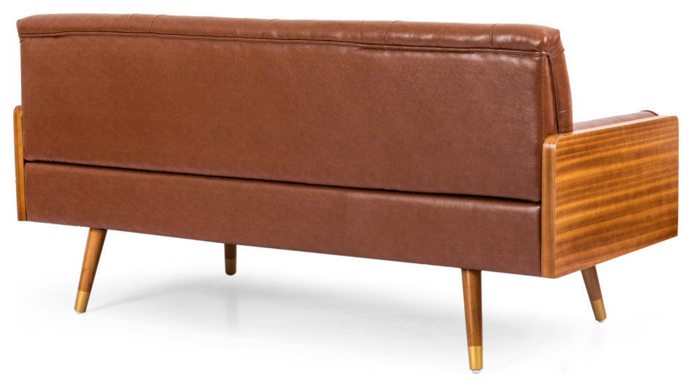 Neil Tufted Sofa With Rolled Accent Pillows, Cognac Brown, Dark Walnut, Gold