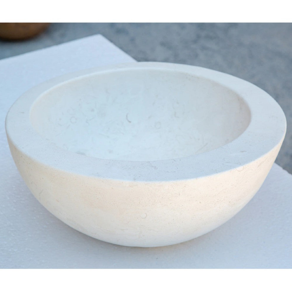 White Fossil Limestone Natural Stone Sloped Rim Vessel Sink (D)16" (H1)8" (H2)6"