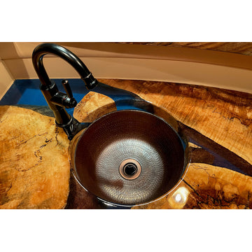 14" Round Hammered Copper Bar Sink With  2" Drain Size, Oil Rubbed Bronze, 2"