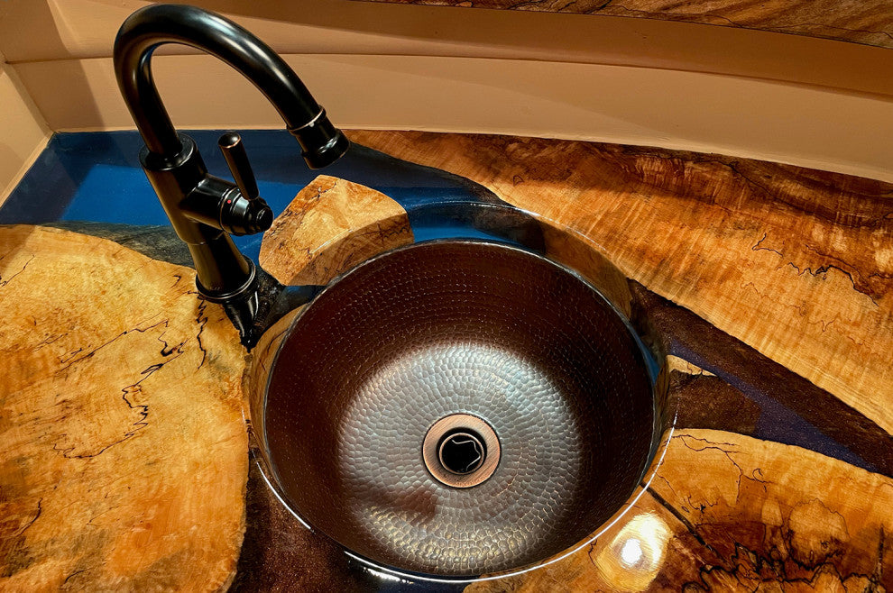 14" Round Hammered Copper Bar Sink With  2" Drain Size, Oil Rubbed Bronze, 2"