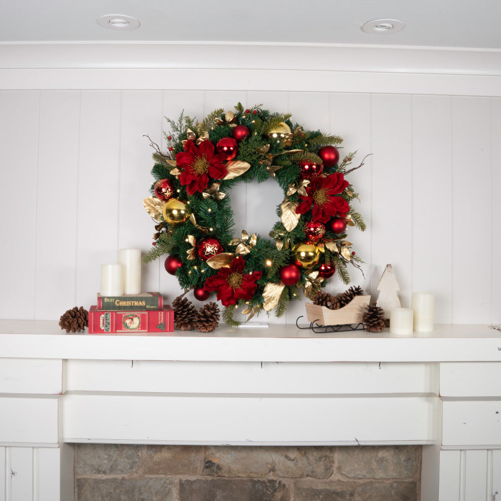 30" Lighted Christmas Wreath, Golden Leaf Red Magnolia