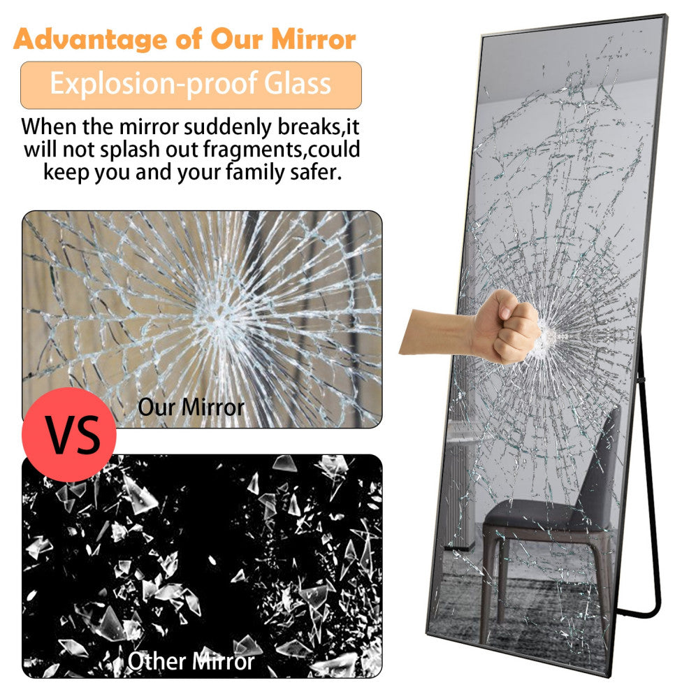 Easly Aluminum Alloy Framed Rectangular Floor Mirror, Black, 20x63