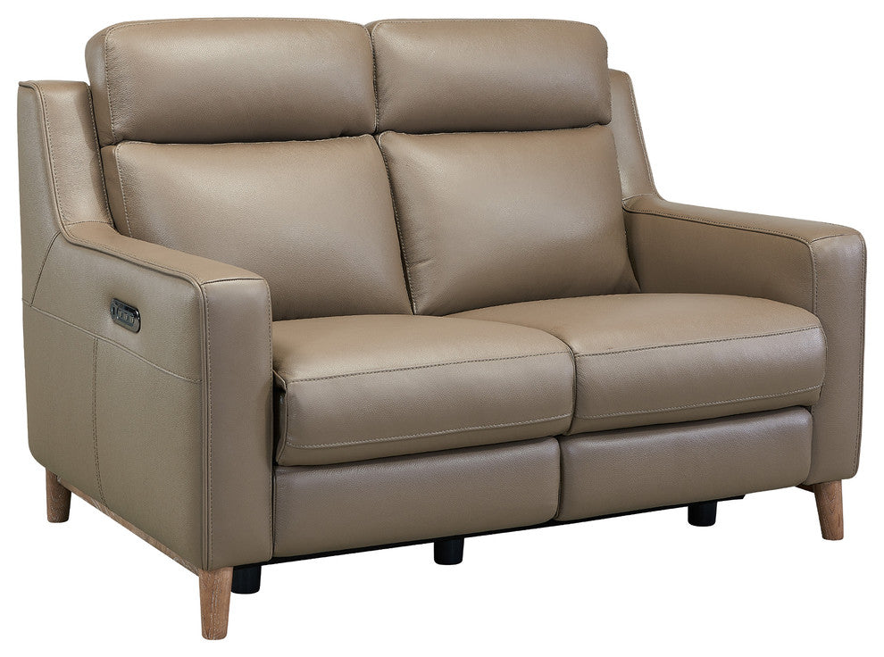 Wisteria Loveseat In Light Brown Wood Finish And Taupe Genuine Leather