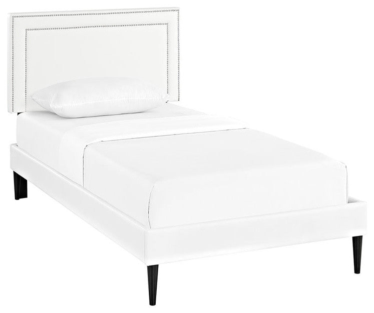 Jessamine Twin Vinyl Platform Bed With Round Tapered Legs, White