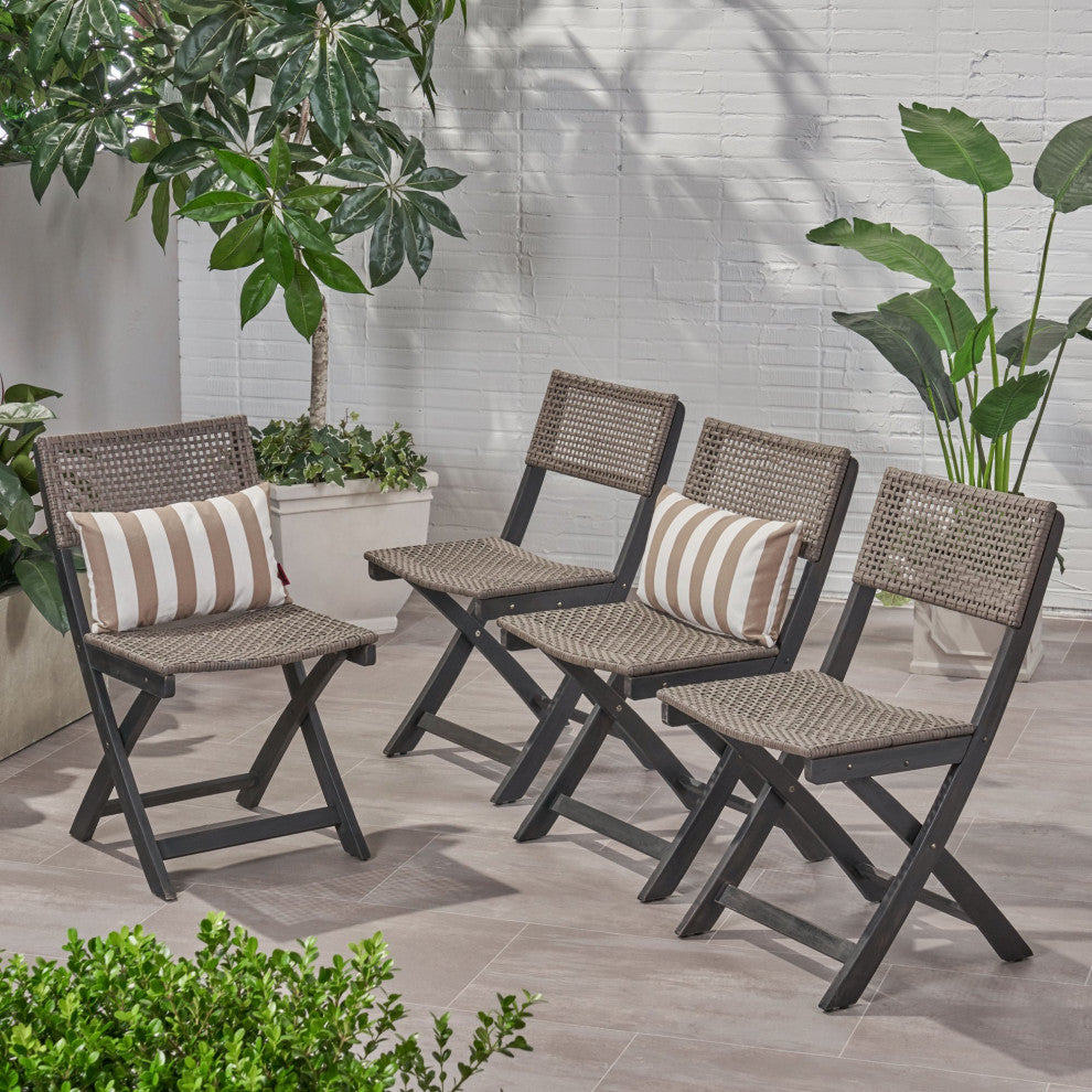 Set of 4 Folding Table, Acacia Wood Frame With Woven Brown Wicker Seat & Back