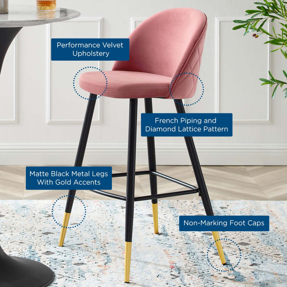 Bar Stool Chair Barstool, Set of 2, Velvet, Metal, Pink, Modern, Bar Pub Bistro