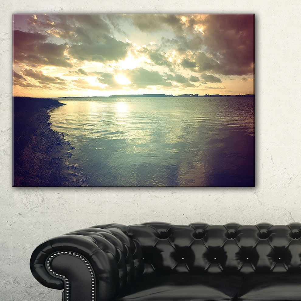 "Dark Seascape With Cloudy Sky" Extra Large Seascape Art Canvas, 32"x16"