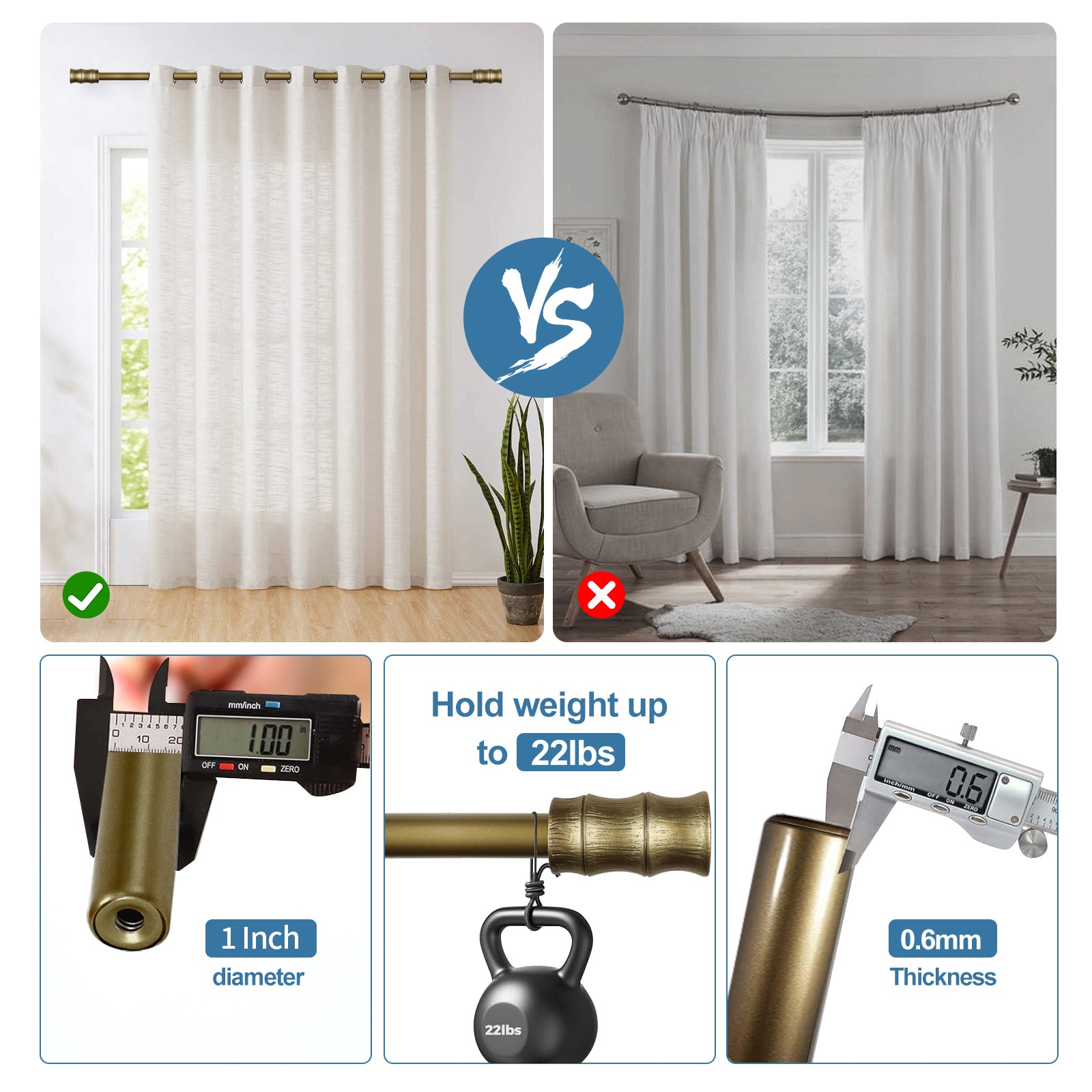 1" Diameter Bamboo Curtain Rod, 48"-84", Renaissance Gold