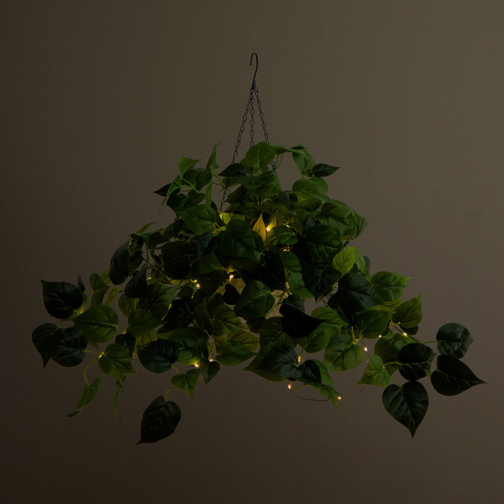 24in. Prelit UV Resistant Artificial Philodendron, White Hanging Basket