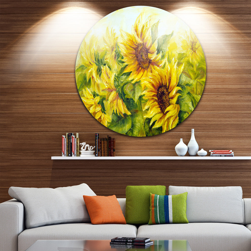 Bright Yellow Sunny Sunflowers, Floral Painting Disc Metal Artwork, 23"