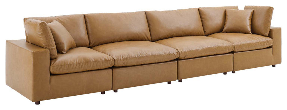 Commix Down Filled Overstuffed Vegan Leather 4-Seater Sofa - Tan