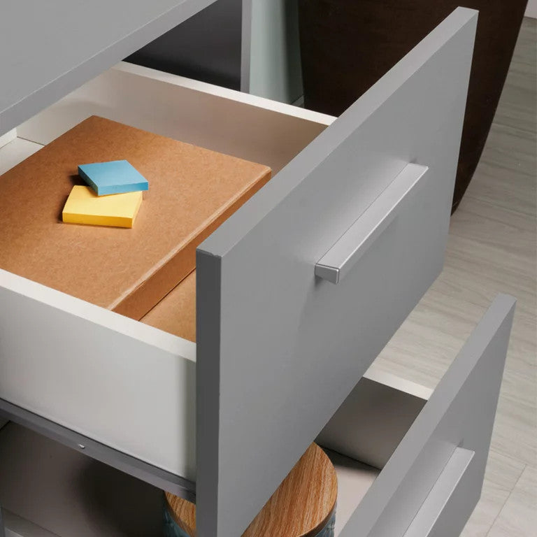 Modern Desk, Rectangular Table Top With Storage Drawers & Metal Handles, Gray