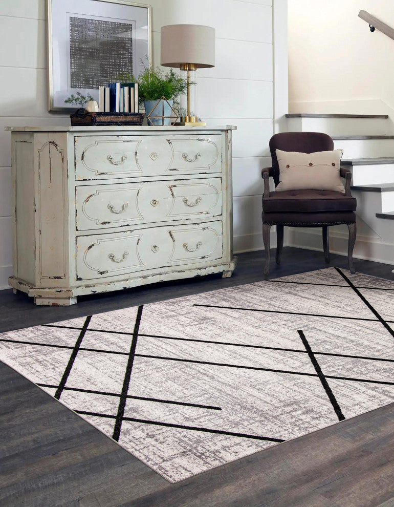 Aqua Damali Area Rug, Ivory/Black, 5'x7'