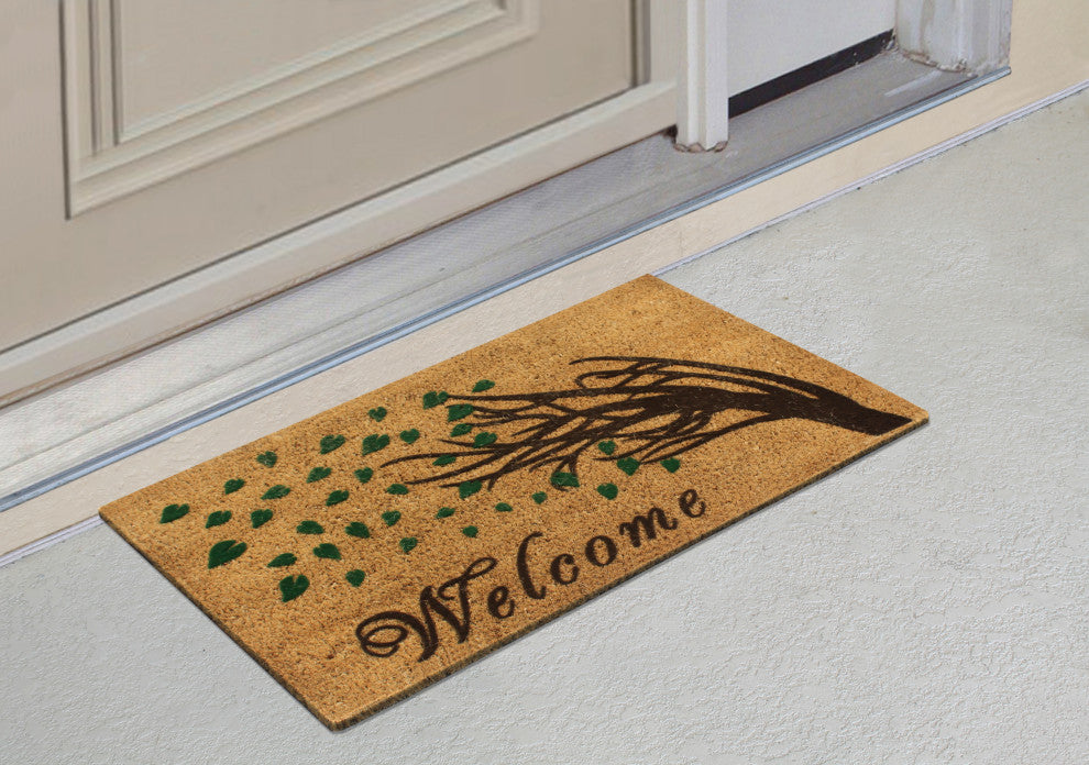 A1HC Floral Natural Coir Front Door, Anti-Shed Treated Durable Doormat 18"X30"