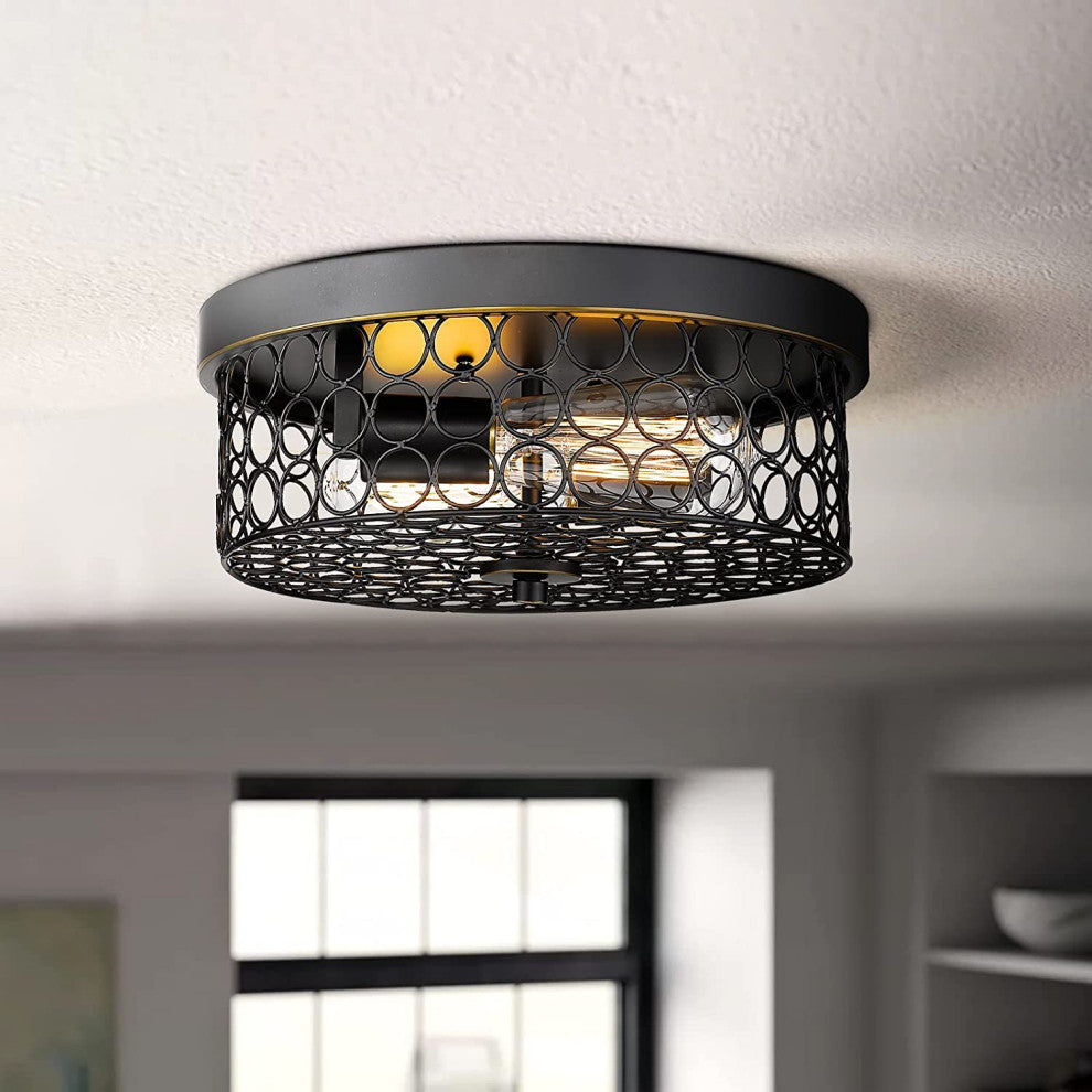 2 Light Rust Flush Mount Ceiling Light, Vintage, Black Mesh Cage