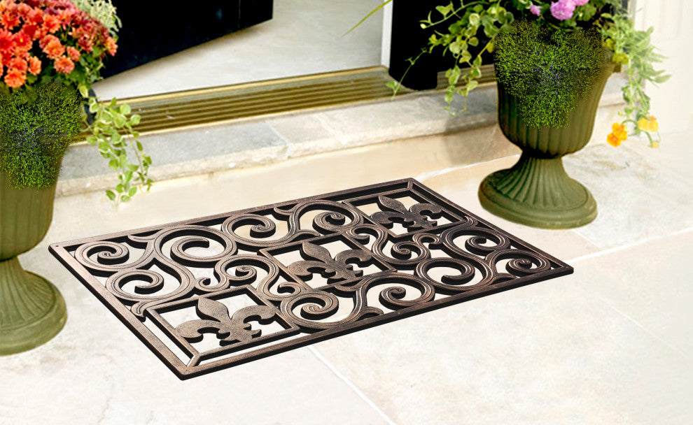 Outdoor Mat, Natural Rubber, 18"x30" Heavy Duty Doormat, Fleur-De-Lis