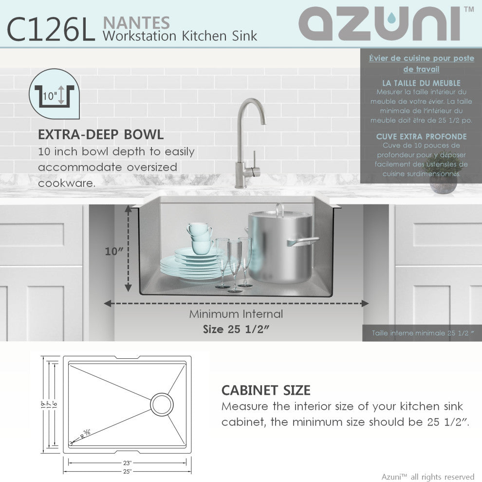 AZUNI 25"L x 19"L Single Bowl Undermount 16G Reversible Workstation Kitchen Sink