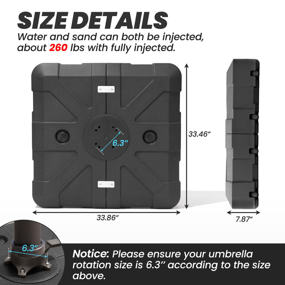 260LBS Square Outdoor Cantilever Umbrella Base with Wheels, Black
