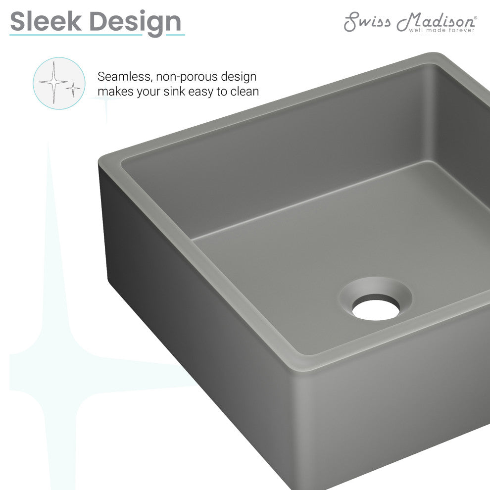 Lisse 15" Square Concrete Vessel Bathroom Sink, Dark Gray
