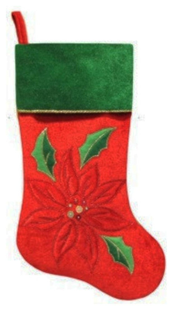 20" Red Velveteen Sequined Poinsettia Christmas Stocking With Green Cuff