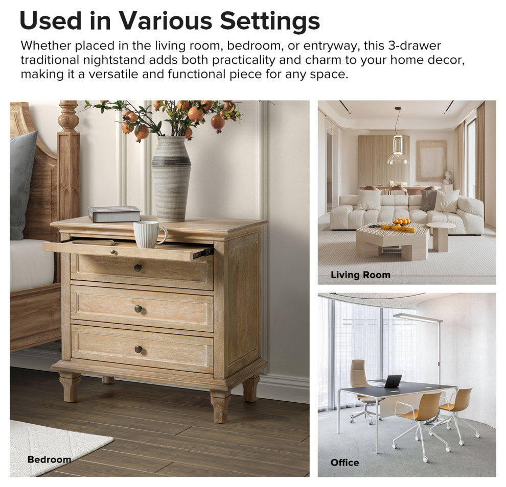3-Drawer Nightstand With  Built-In Outlets Set of 2, Natural
