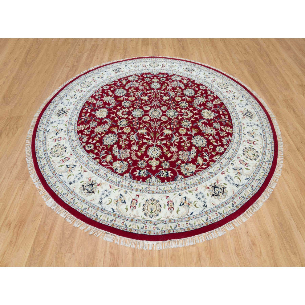 Burgundy Red Soft Wool Hand Knotted Nain Design 250 KPSI Round Rug 9'8"x9'8"