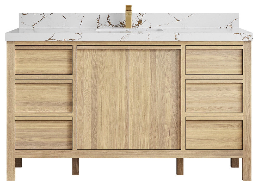 Elizabeth Oak 60" Single Sink Vanity, White 2" Viola Brown