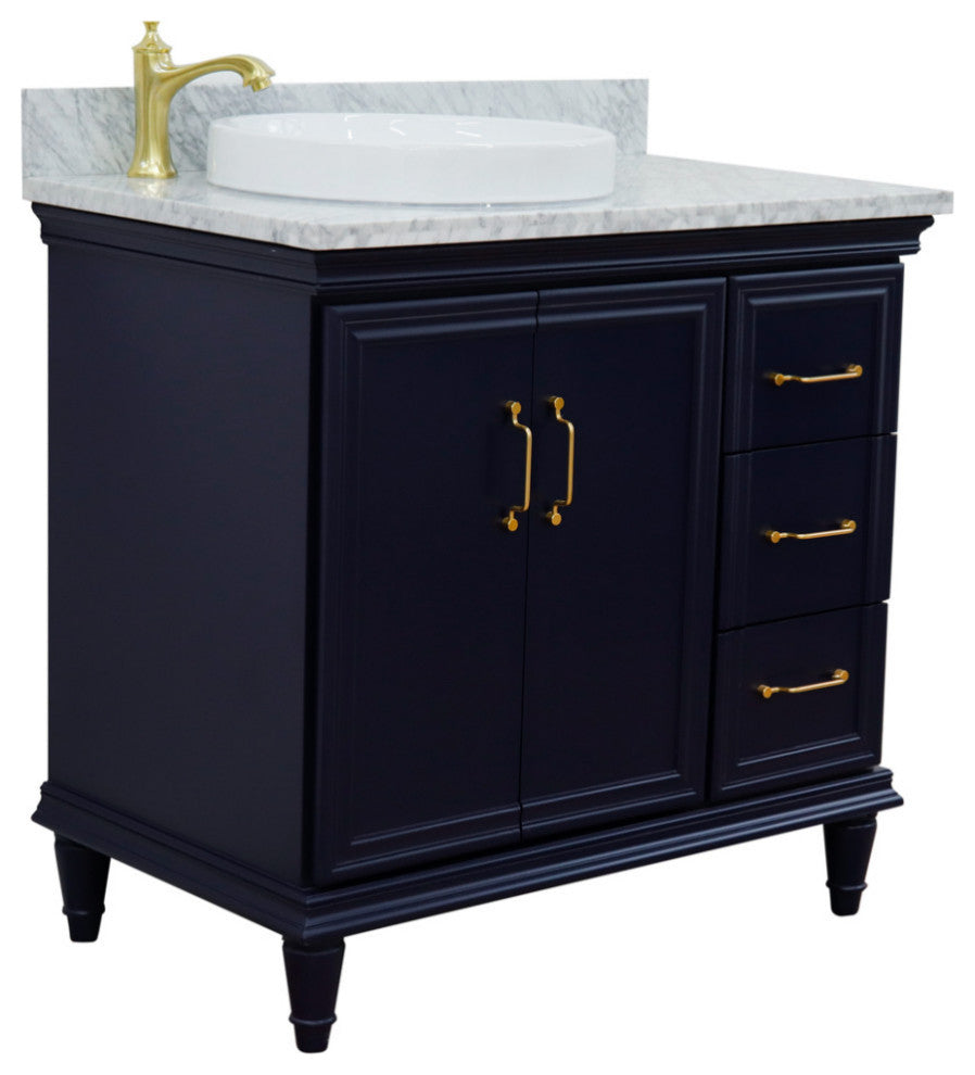 37" Single Vanity, Blue Finish With White Carrara
