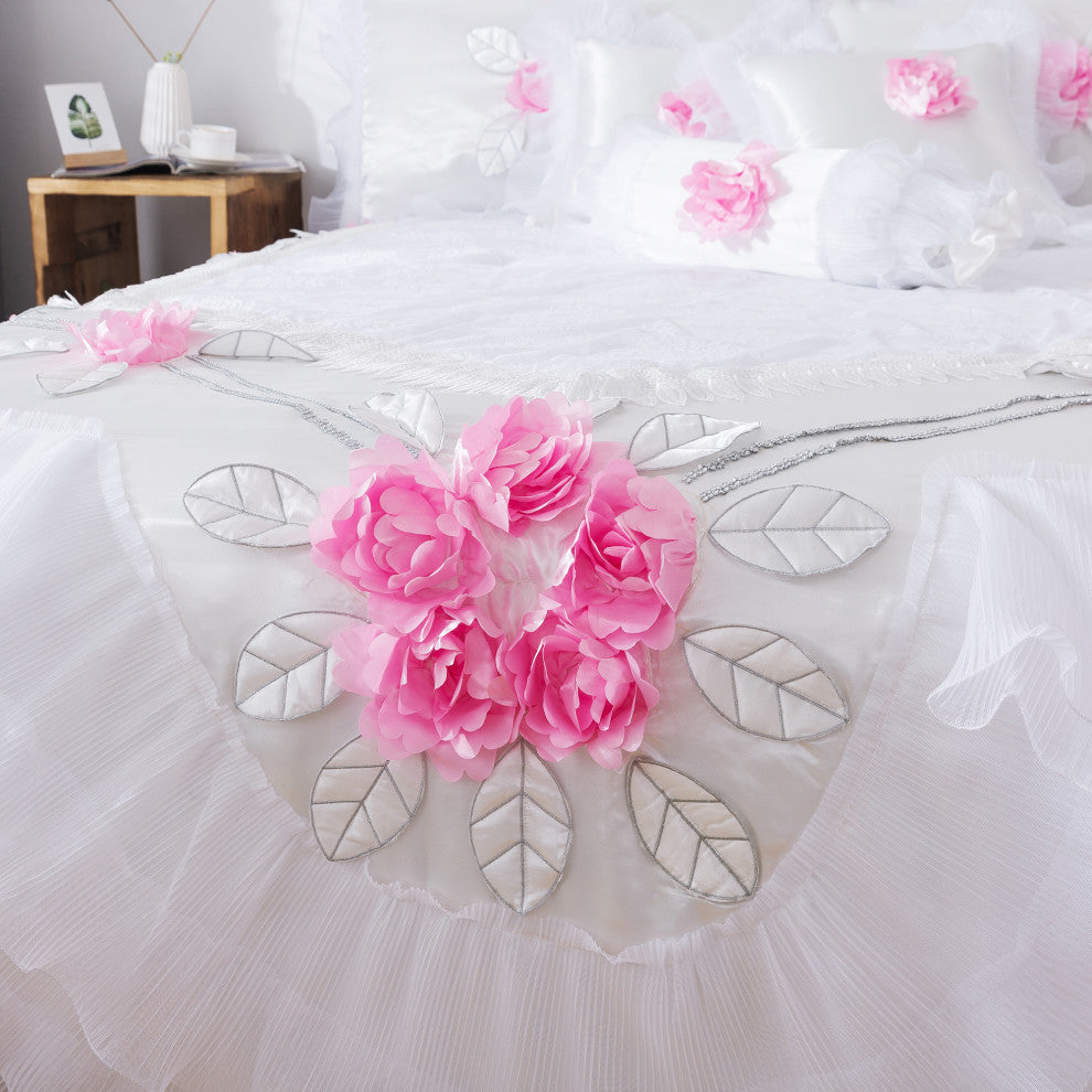 Tache 6-Piece Rose Pink White Satin Ruffled Bedding Set, Queen