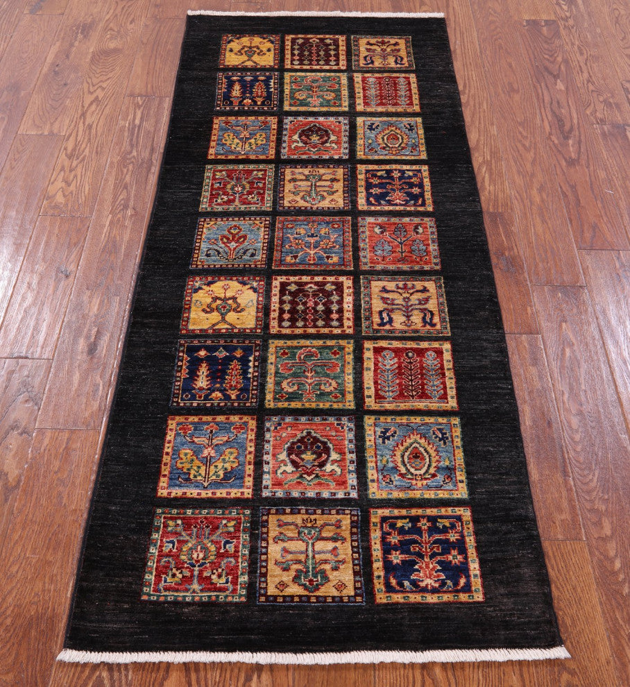 Handmade Persian Garden Design Black Wool Runner Rug 2' 7" X 6' 4 Q10683