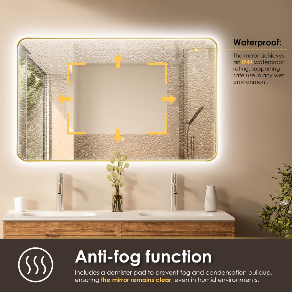 Dazzle Rectangular Bathroom/Vanity LED Lighted Wall Mirror, Brushed Gold, 48"